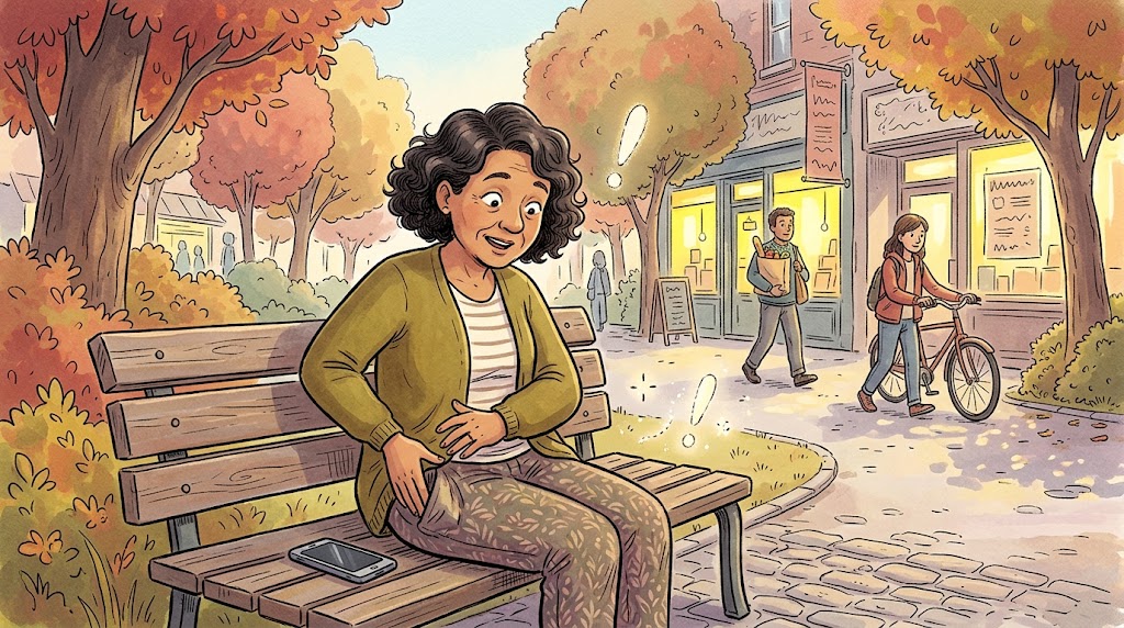 A woman on a park bench pats her trouser pocket with a startled look, while her phone lies silent and dark on the bench beside her.