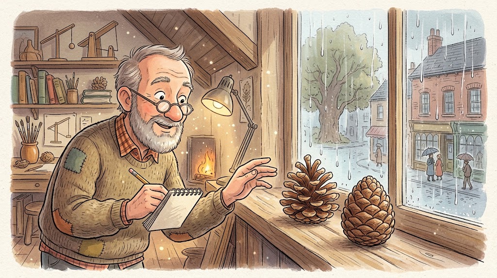 An open pine cone sits on a sunny wooden windowsill next to a second, tightly closed cone, while raindrops run down the window pane behind them.