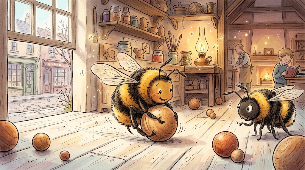 A round, fuzzy bumblebee hugs a small wooden ball with its legs and rolls it across a pale floor, while more little balls lie scattered around and a second bee looks on.