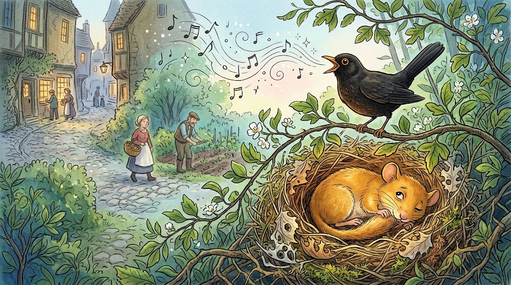 A small golden-brown dormouse lies curled in a round nest of grass and leaves at the foot of a hedge, one eye half open, while a blackbird sings on a branch just above.