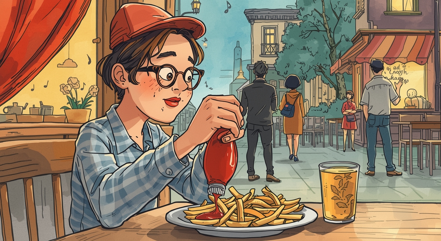 Una mano agita un bote rojo de salsa sobre un plato de patatas fritas doradas en la mesa de una cafetería, mientras otros clientes charlan al fondo bajo una luz cálida.