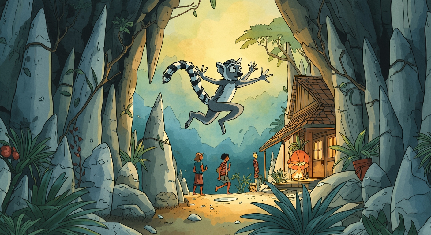 A lemur leaps between tall, pale grey limestone spires that stand packed together like a forest, with patches of green trees in the hollows below.