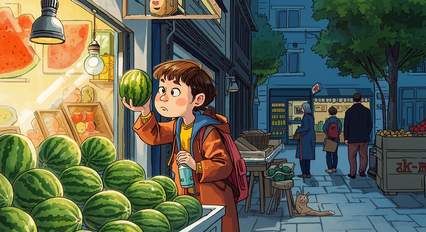 A shopper at a sunny market stall holds a large striped watermelon up to one ear and taps it with a knuckle, wearing a serious, listening expression.