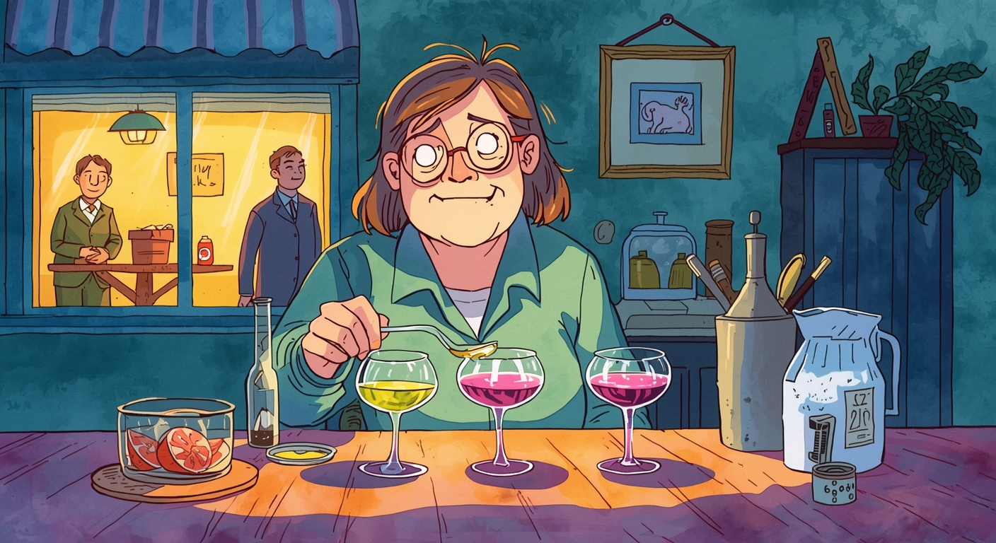 Tres vasos sobre una mesa de cocina soleada contienen líquido rosa, morado y verde, junto a media lombarda, un cuenco de hojas cortadas, una botellita de vinagre y una cuchara de polvo blanco.