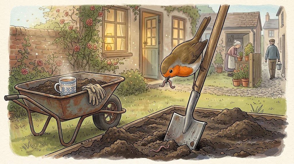 A small robin with an orange-red chest perches on the handle of a spade standing in a freshly dug vegetable bed, head tilted towards the soil, with a wheelbarrow and a mug of tea behind it.