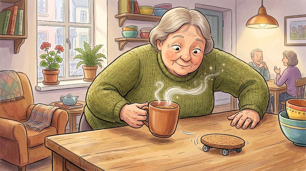 A round cork coaster on tiny wheels rolls away across a wooden table while a hand lowers a steaming mug of tea onto the bare wood beside it.