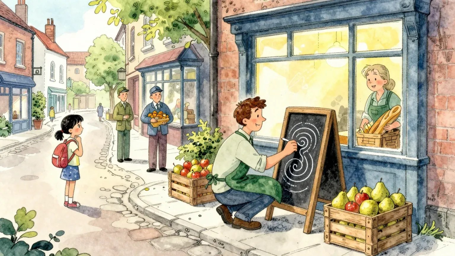A smiling greengrocer in an apron writes with chalk on a folding board outside his shop, among crates of pears and apples, while neighbours on the pavement stop to read and think.