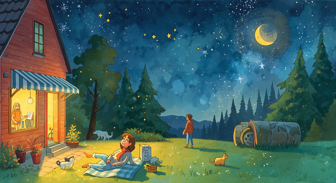 Una familia tumbada sobre una manta en un jardín oscuro de verano contempla un cielo lleno de estrellas que centellean suavemente, mientras un planeta brillante y fijo luce bajo sobre la silueta de los árboles.