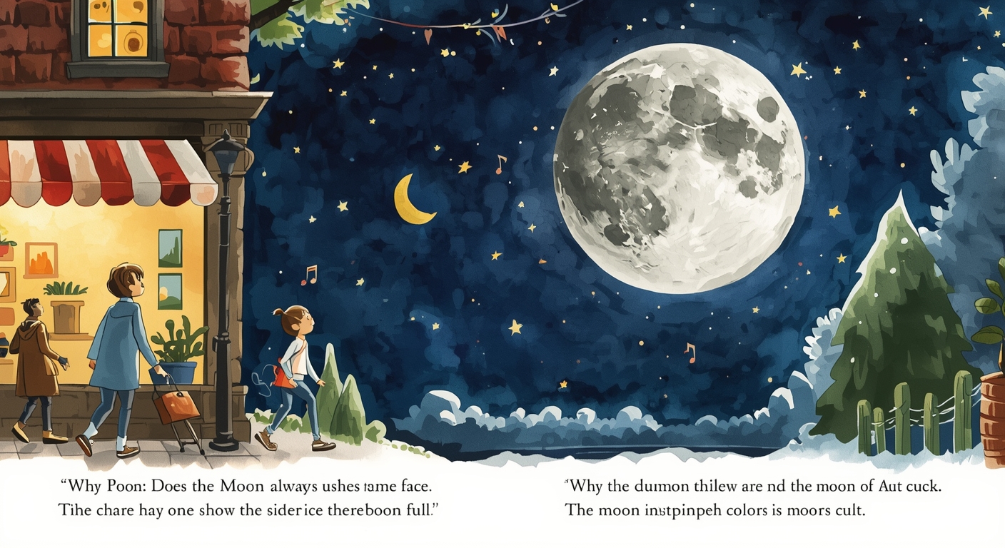 Una gran Luna llena con sus conocidas manchas grises cuelga sobre un jardín tranquilo al atardecer, donde una niña y su abuelo la miran juntos al lado de una ventana iluminada con luz cálida.