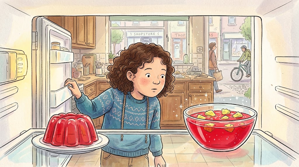 A child peers into an open fridge at two bowls of red jelly, one firm and wobbly, the other still liquid with yellow pineapple chunks floating in it.